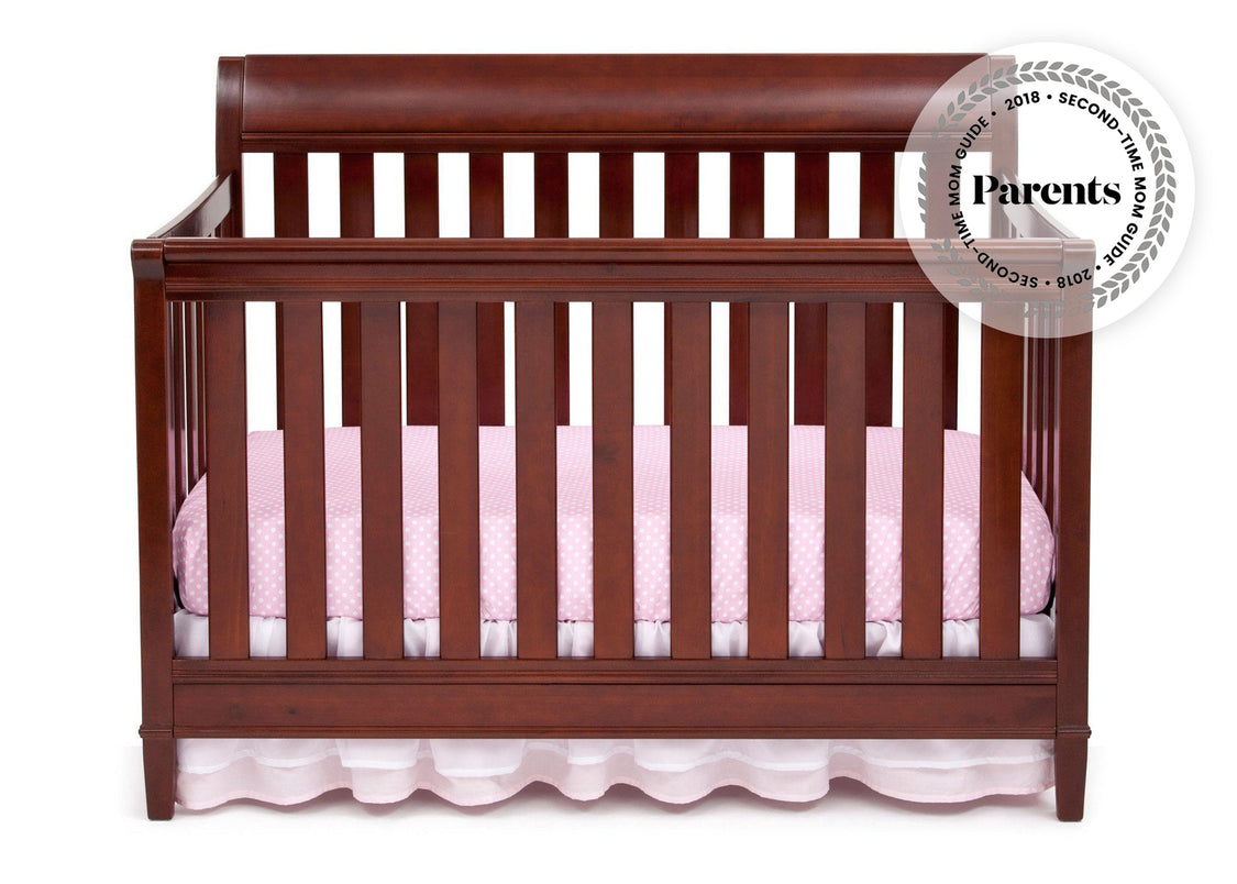 Delta Children Black Cherry Espresso 607 Haven 4-in-1 Crib, Crib Conversion Front View c2c with badge