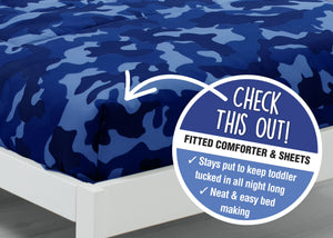 Delta Children Blue Camo Stars (3203) Boys 4-Piece Toddler Bedding Set, Fitted Detail View 8-Boys 4-Piece Toddler Bedding Set