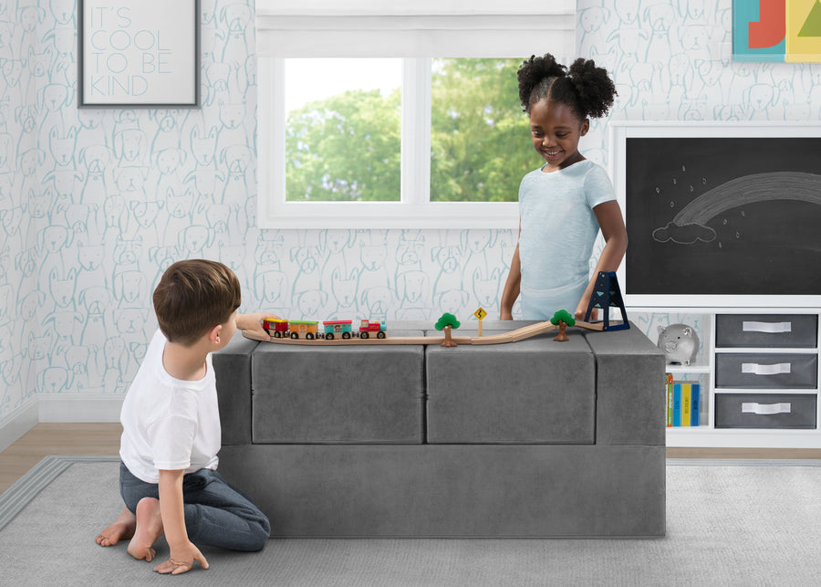 Grey Suede (5000) 4-Convertible Sofa and Play Set for Kids and Toddlers Modular Foam Couch and Flip Out Lounger with 2 Ottomans