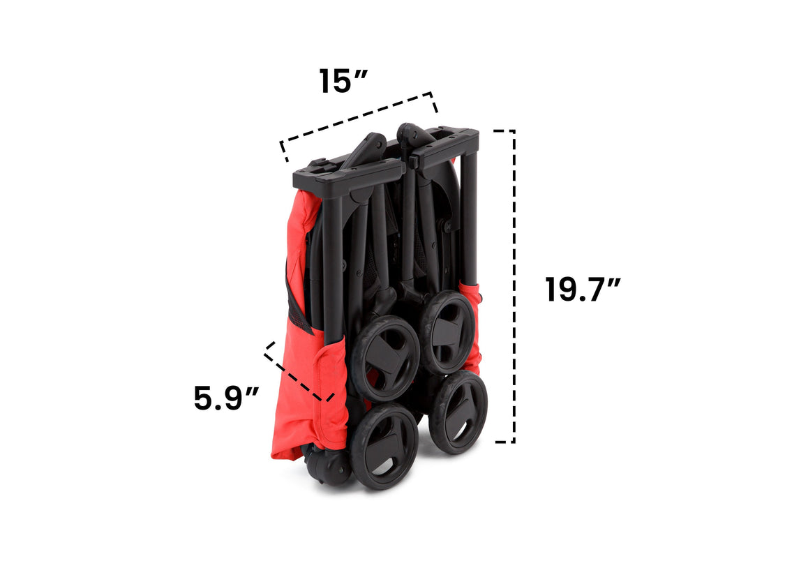 Delta Children Ultimate Fold N Go Compact Travel Stroller Red (2023), folded view with dimensions a3a