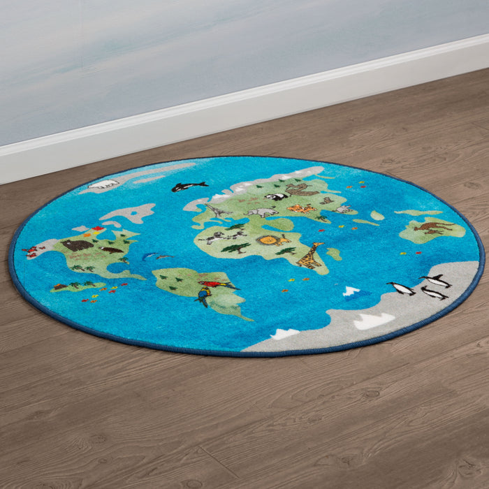 World Map (3221) 1-World Map Round Area Rug for Kids, 39-Inch