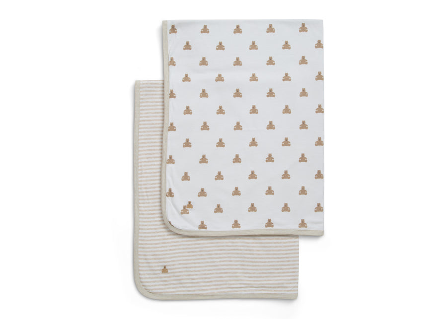 Tan Teddy Bears & Stripes (2407) 2-babyGap Reversible 100% Organic Cotton Blankets - 2 Pack