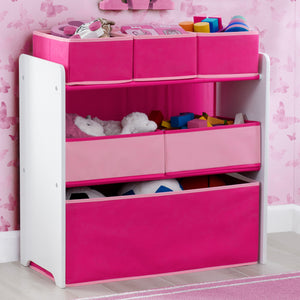 Delta Children Bianca White with Pink (130) Design and Store 6 Bin Toy Organizer, Hangtag View 10-Design and Store 6 Bin Toy Organizer