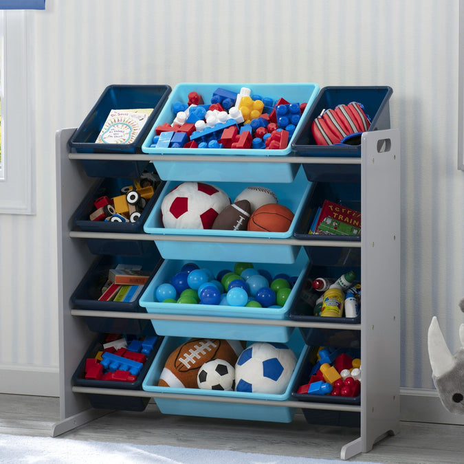 Grey (026) 18-Kids Toy Storage Organizer with 12 Plastic Bins