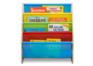Delta Children Natural/Primary (1189) Sling Book Rack Bookshelf for Kids, Front Silo View with Props Natural and Primary Colors (1189) 14