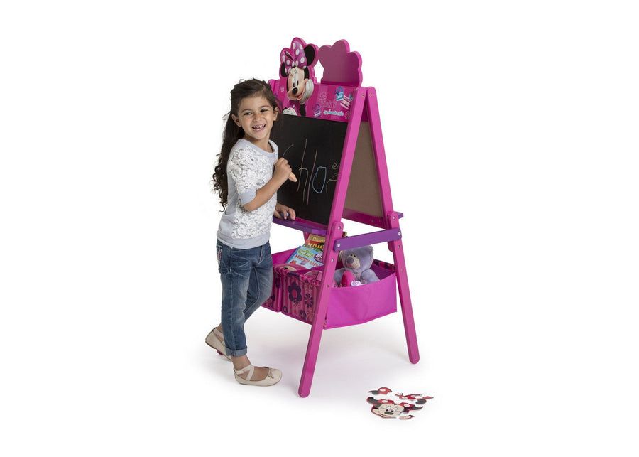 Delta Children Minnie Mouse Activity Easel with Storage, Chalkboard Surface View with Props a3a 6-Minnie Mouse Wooden Double Sided Activity Easel