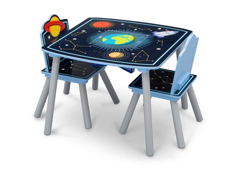 Delta Children Space Adventures (1223) Kids Wood Table and Chair Set with Storage, Left Silo View with Chairs In 4-Space Adventures Kids Wood Table and Chair Set with Storage