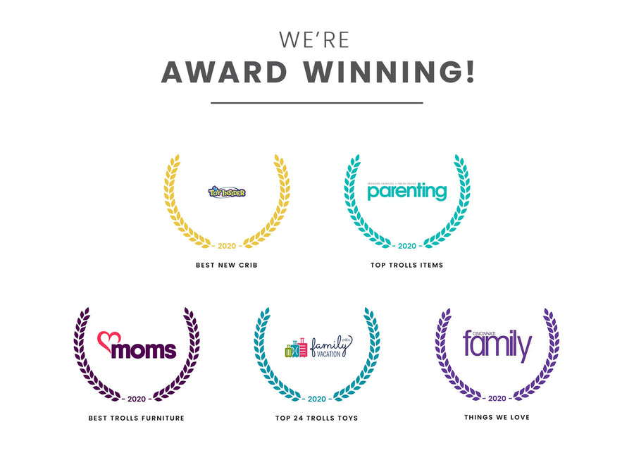 Award badges for Best New Crib, Top Trolls Items, Best Trolls Furniture, Top 24 Trolls Toys and Things We LoveDelta Children Trolls World Tour 1177 10-Trolls World Tour Table and Chair Set with Storage