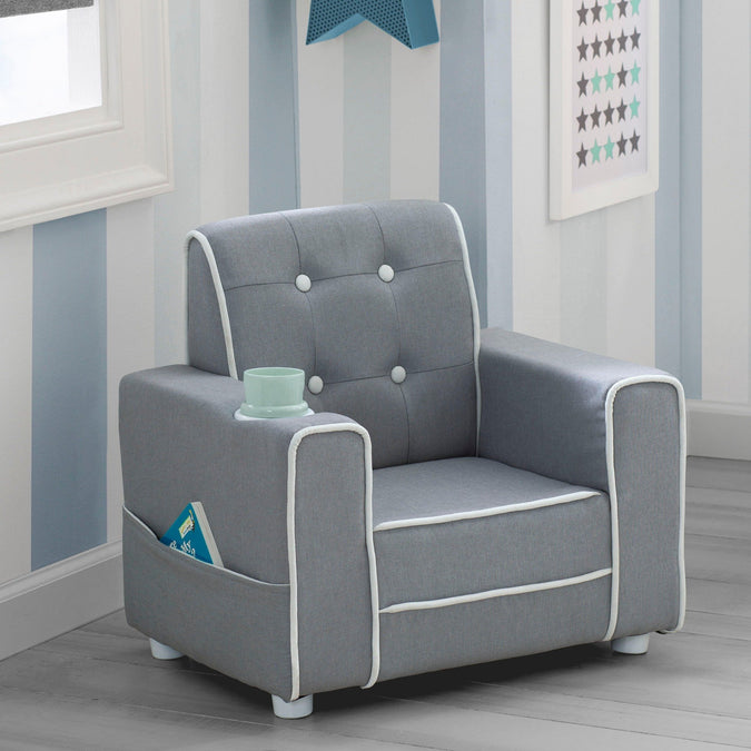 Light Grey and White (1176) 8-Chelsea Kids Upholstered Chair with Cup Holder