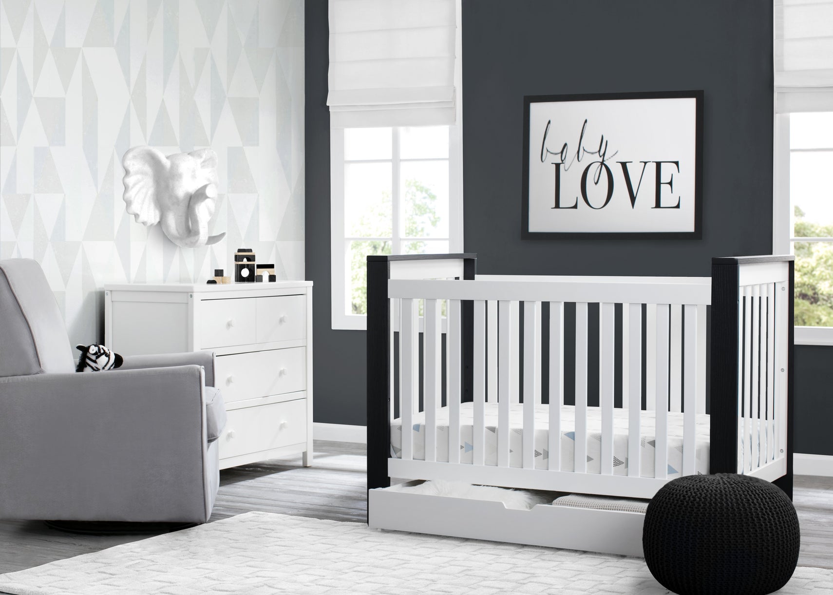 Miles 4-in-1 Convertible Crib + Under Crib Roll-Out Storage Bianca with Midnight (181)