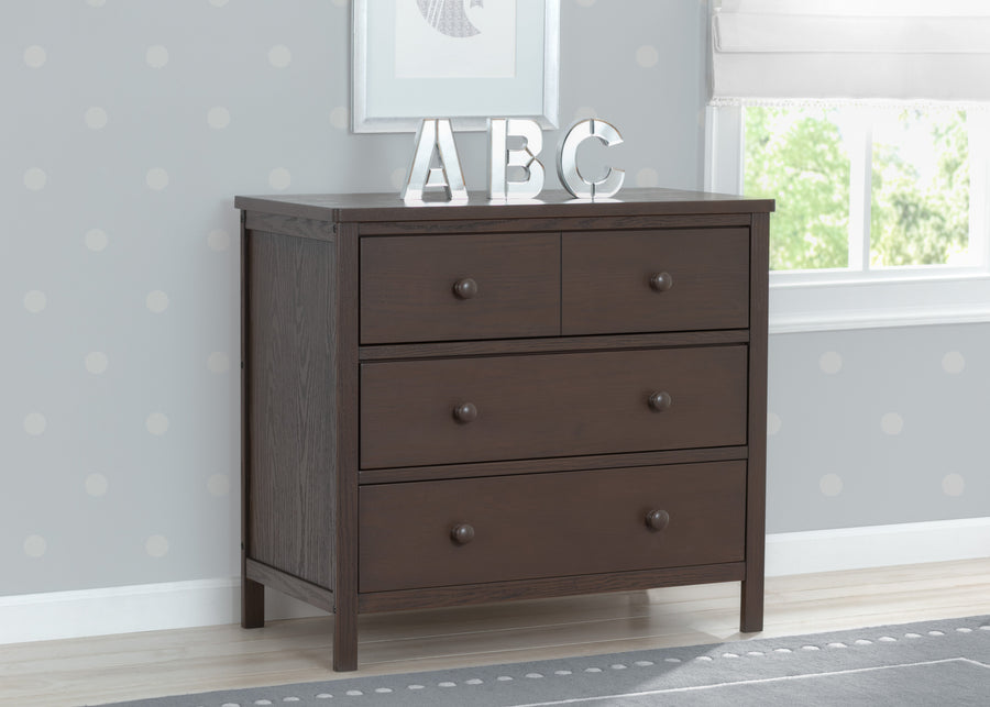 Delta Children Textured Cocoa (1350) Middleton 3 Drawer Dresser, Hangtag View 9-Middleton 3 Drawer Dresser