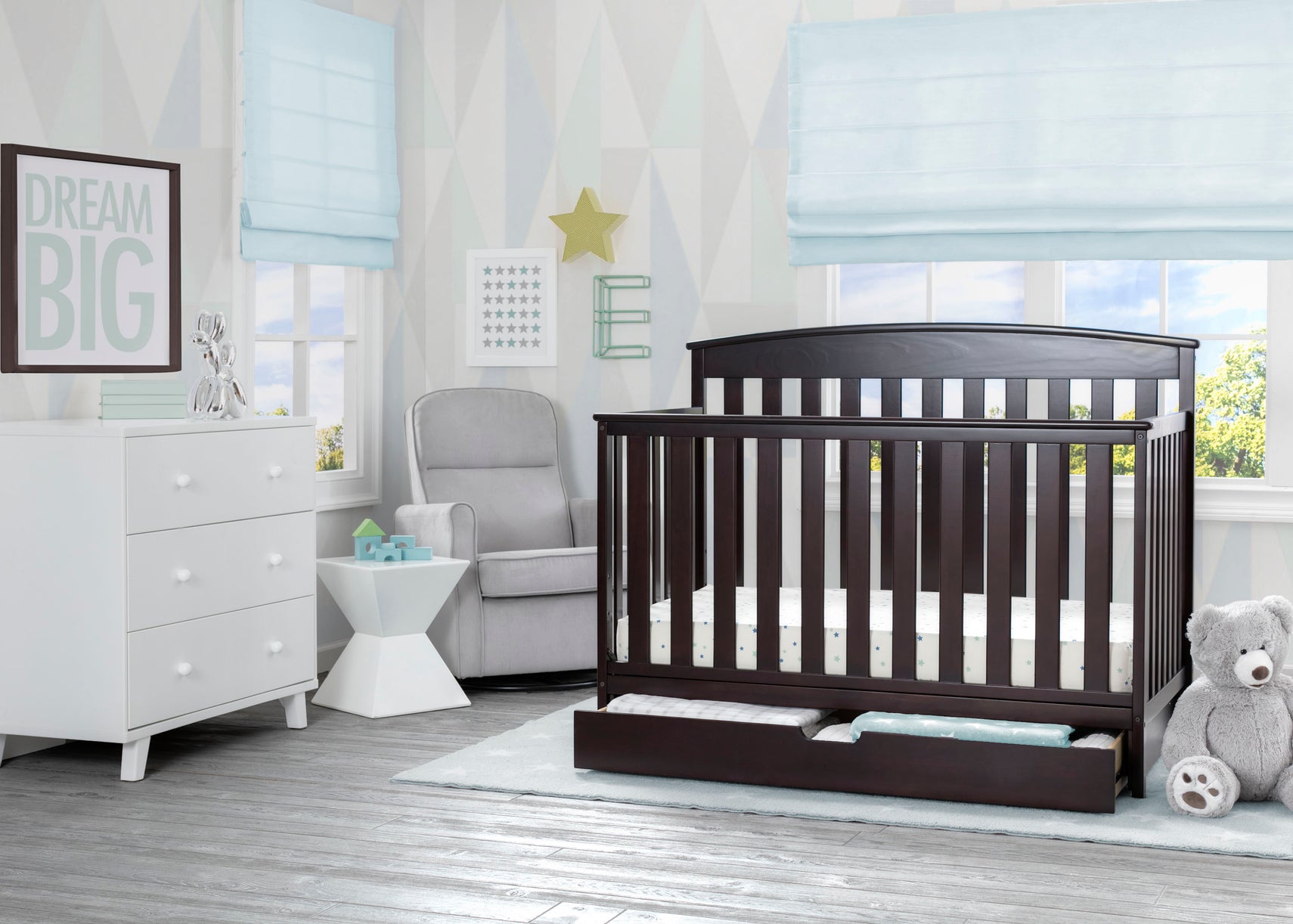 Delta Children Duke 4-in-1 Convertible Baby Crib with Under Drawer, Dark Chocolate (207) Crib Roomshot View a1a