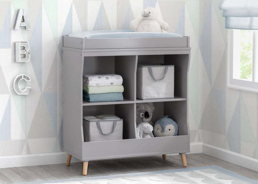 Delta Children Grey with Natural (1359) Essex Changing Table/Bookcase, Hangtag View 5-Essex Changing Table/Bookcase