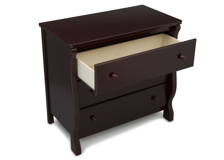 Delta Children Espresso Cherry (205) Universal 3 Drawer Dresser Open Drawer Silo View 11-Universal 3 Drawer Dresser