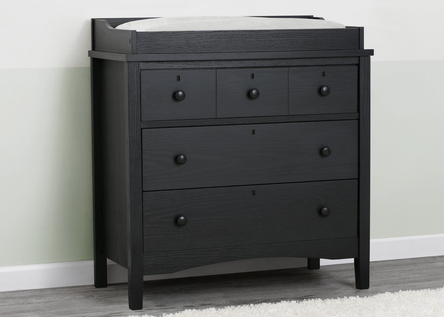 Delta Children Textured Midnight Grey (1347) Farmhouse 3 Drawer Dresser with Changing Top, Hangtag View 11-Farmhouse 3 Drawer Dresser with Changing Top