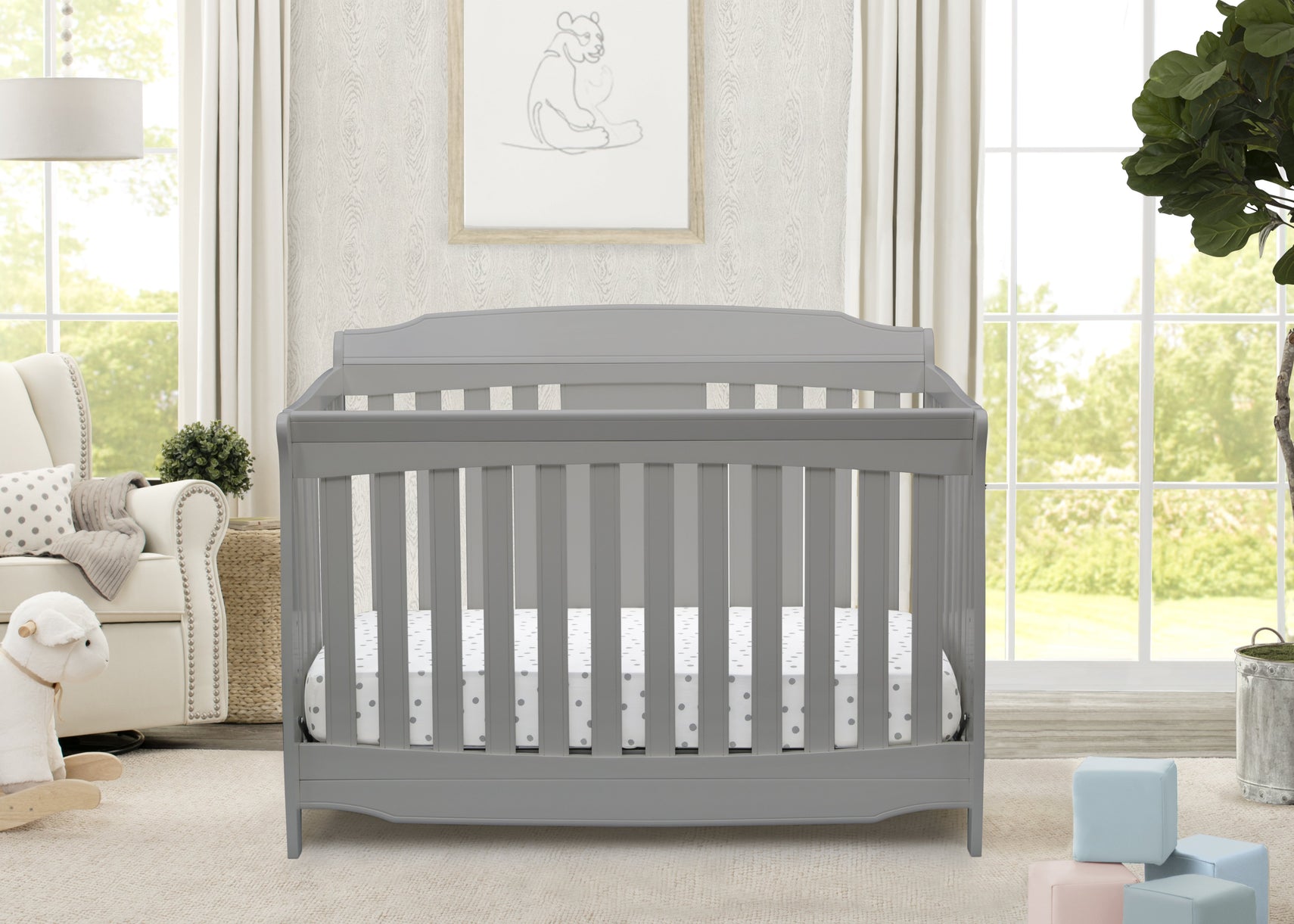 Delta Children Grey (026) Westminster 6-in-1 Convertible Crib, Front Crib Silo View