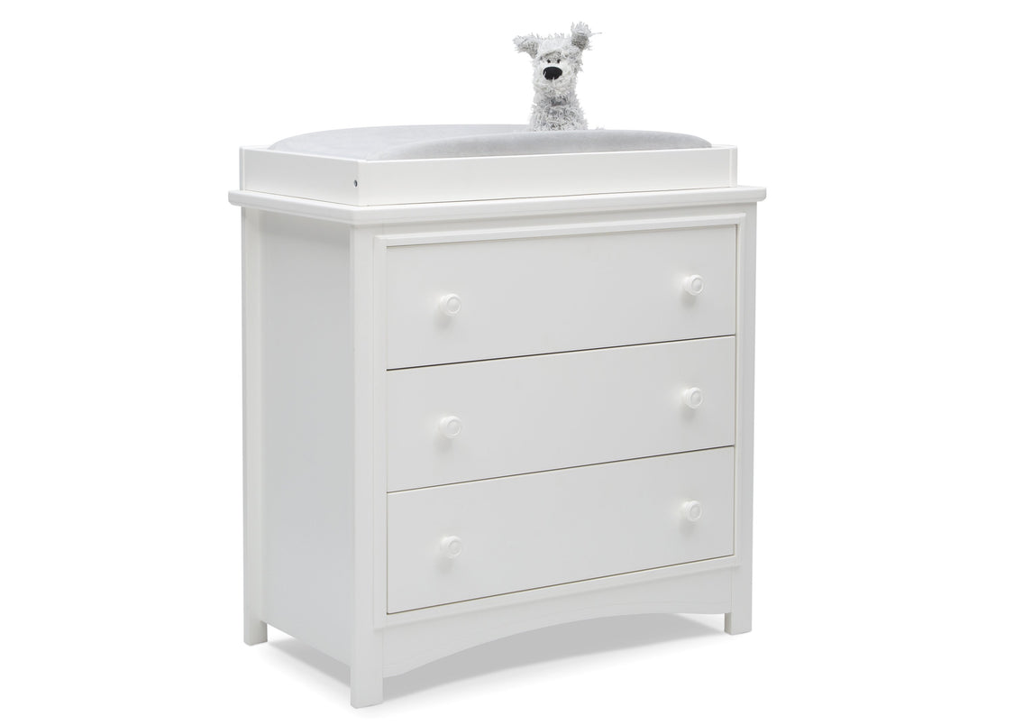 Delta Children Bianca White (130) Perry 3 Drawer Dresser with Changing Top, Right Silo View