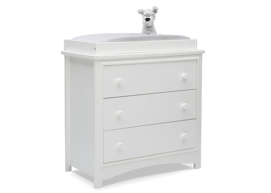 Delta Children Bianca White (130) Perry 3 Drawer Dresser with Changing Top, Right Silo View 3-Perry 3 Drawer Dresser with Changing Top