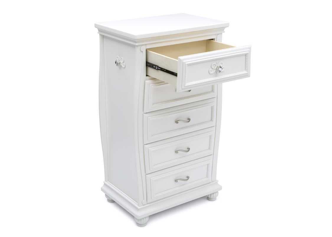 Simmons Kids Bianca White (130) Fairytale 5 Drawer Chest, Right Silo View with Open Drawer