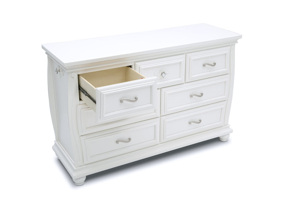 Simmons Kids Bianca White (130) Fairytale 7 Drawer Dresser with Changing Top, Right Silo View with Open Drawer 5-Fairytale 7 Drawer Dresser with Changing Top