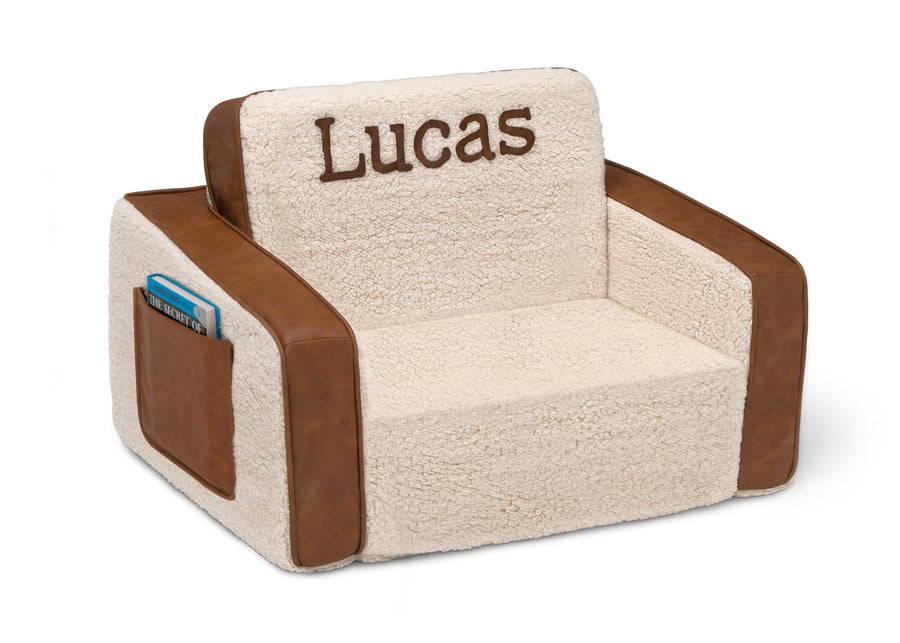 Cream Sherpa with Brown Leather (5047) 3-Personalized Cozee Flip-Out Sherpa and Faux Leather 2-in-1 Convertible Chair to Lounger for Kids