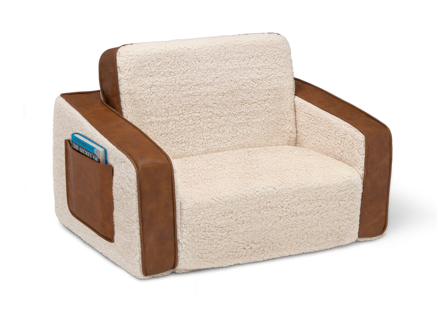 Cream Sherpa with Brown Leather (5047) 3-Cozee Flip-Out Sherpa and Leather 2-in-1 Convertible Chair to Lounger for Kids
