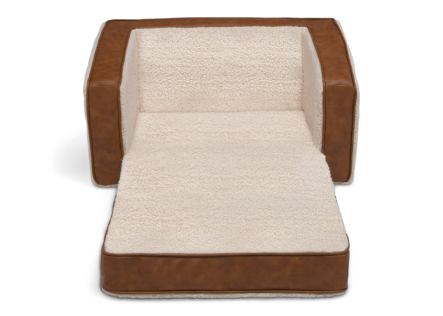 Cream Sherpa with Brown Leather (5047) 5-Cozee Flip-Out Sherpa and Leather 2-in-1 Convertible Chair to Lounger for Kids
