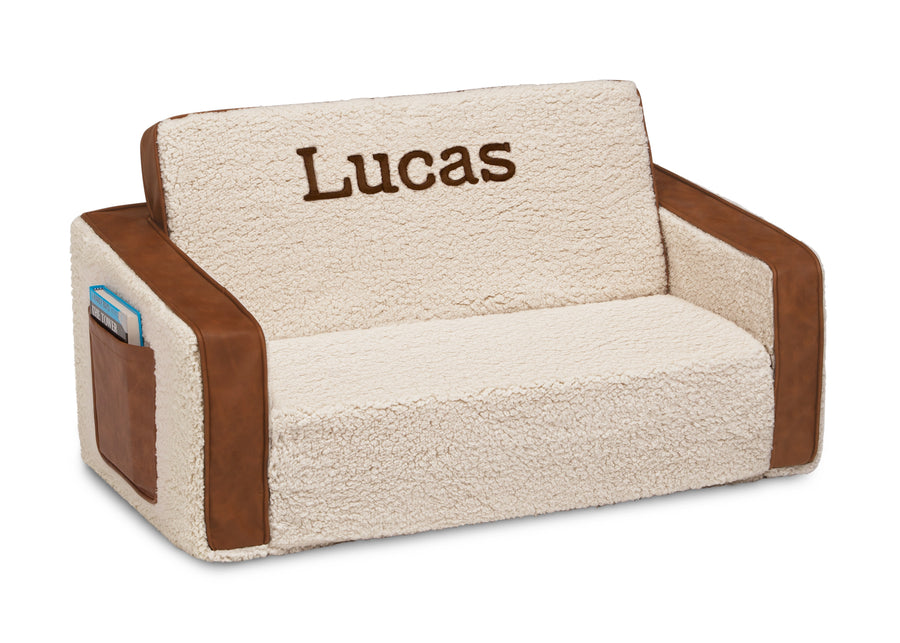 Cream Sherpa with Brown Leather (5047) 3-Personalized Cozee Flip-Out Sherpa  and Leather 2-in-1 Convertible Sofa to Lounger for Kids