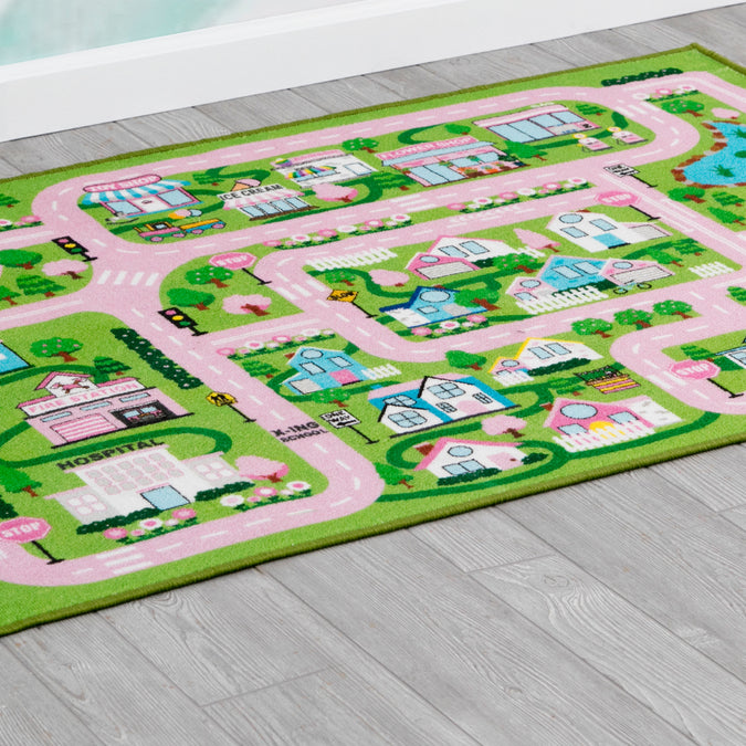 Pink City (3015) 14-Large Road Map Activity Rug for Girls and Boys - 54-inch L x 39-inch W