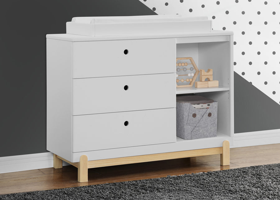 Bianca White with Natural (123) 2-Poppy 3 Drawer Dresser with Cubbies and Interlocking Drawers