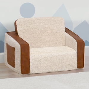 Cream Sherpa with Brown Leather (5047) 15-Cozee Flip-Out Sherpa and Leather 2-in-1 Convertible Chair to Lounger for Kids