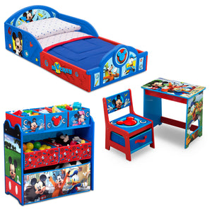 Mickey Hot Dog (1054) 2-Mickey Mouse 4-Piece Room-in-a-Box Bedroom Set - Includes Toddler Bed, Toy Bin & Desk with Chair