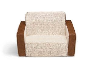 Cream Sherpa with Brown Leather (5047) 2-Cozee Flip-Out Sherpa and Leather 2-in-1 Convertible Chair to Lounger for Kids