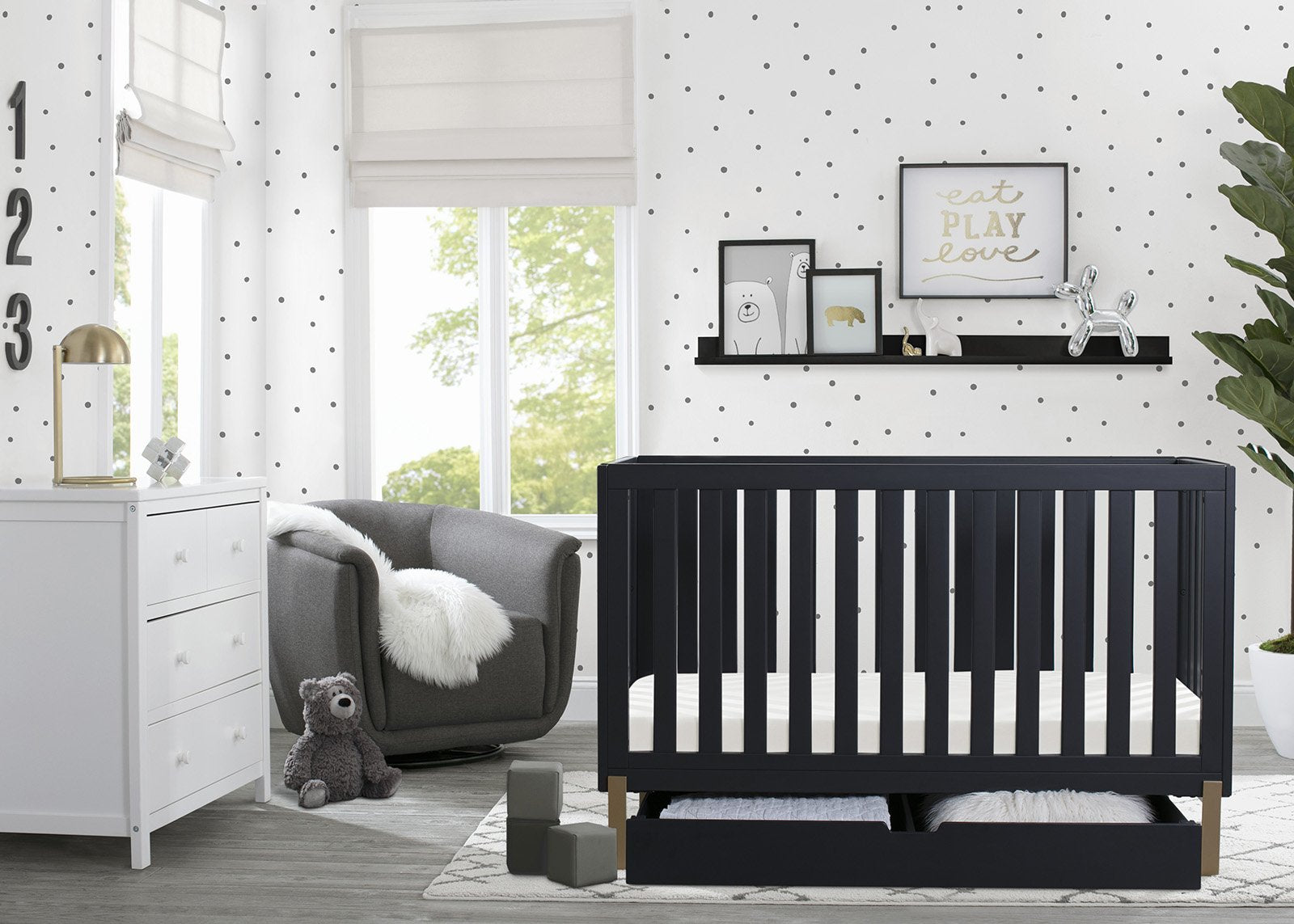 Hendrix 4-in-1 Convertible Crib + Under Crib Roll-Out Storage Midnight Grey with Metal (1361)