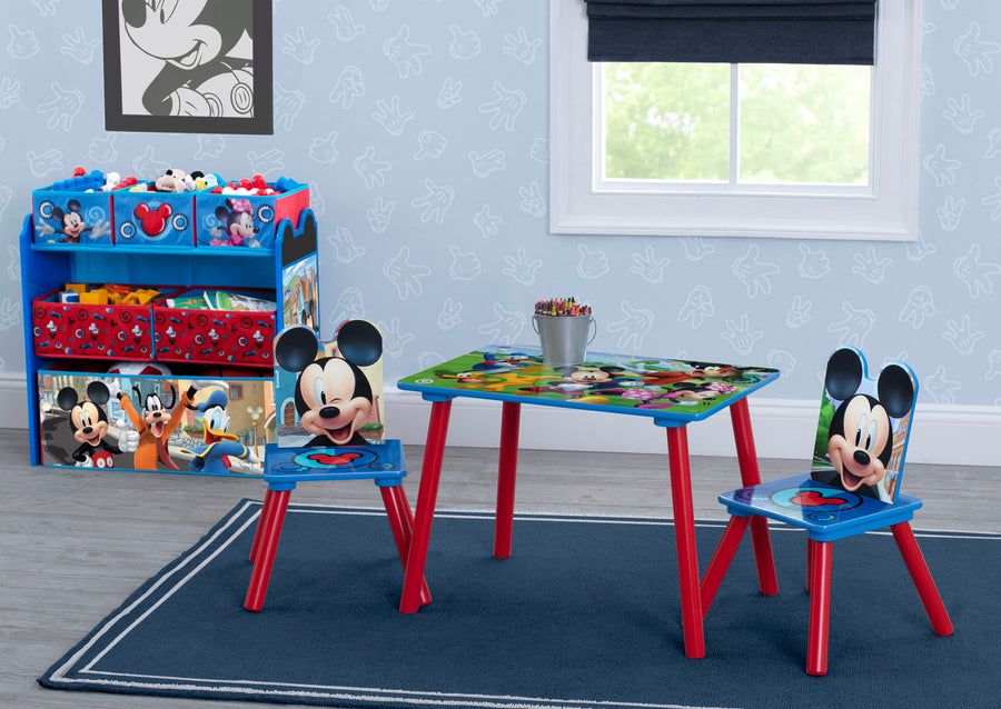 Mickey Hot Dog (1054) 1-Mickey Mouse 4-Piece Playroom Solution  – Set Includes Table and 2 Chairs and 6-Bin Toy Organizer