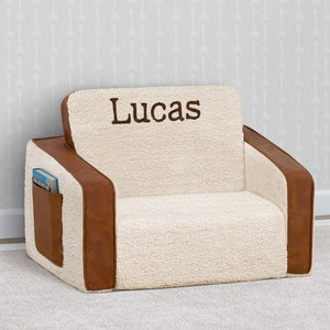 Cream Sherpa with Brown Leather (5047) 15-Personalized Cozee Flip-Out Sherpa and Faux Leather 2-in-1 Convertible Chair to Lounger for Kids