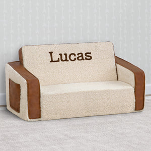 Cream Sherpa with Brown Leather (5047) 15-Personalized Cozee Flip-Out Sherpa  and Leather 2-in-1 Convertible Sofa to Lounger for Kids