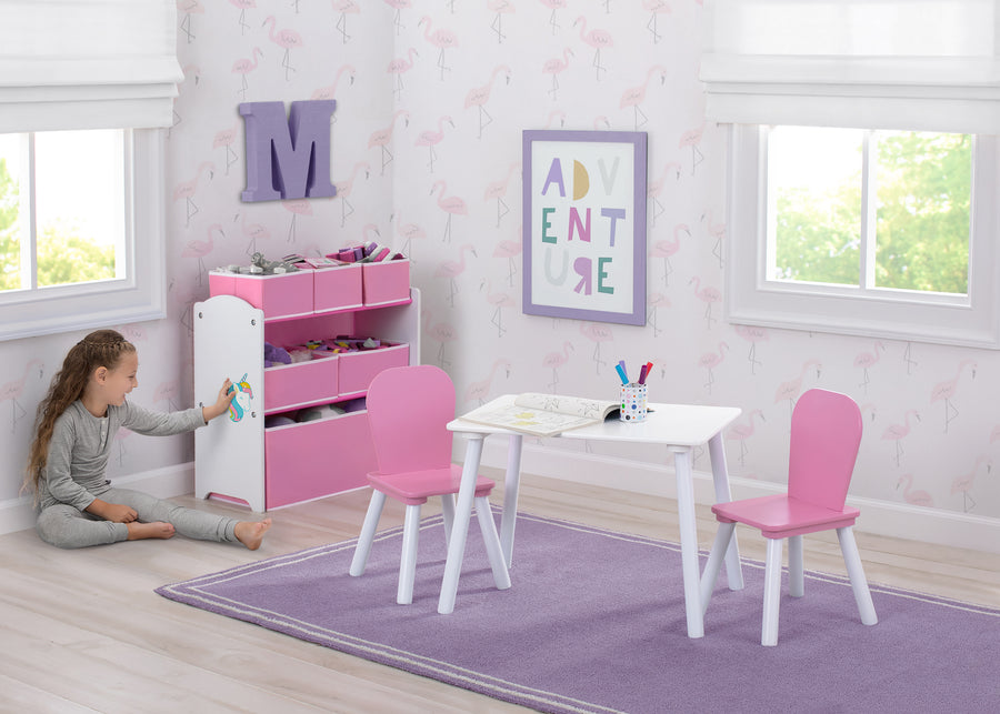 White and Light Pink (194) 1-4-Piece Toddler Playroom Set – Includes Play Table and 6 Bin Toy Organizer with Reusable Vinyl Cling Stickers