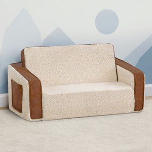 Cream Sherpa with Brown Leather (5047) 10-Cozee Flip-Out Sherpa and Leather 2-in-1 Convertible Sofa to Lounger for Kids