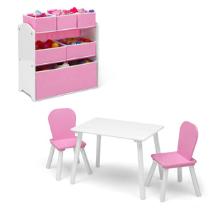 White and Light Pink (194) 2-4-Piece Toddler Playroom Set – Includes Play Table and 6 Bin Toy Organizer with Reusable Vinyl Cling Stickers