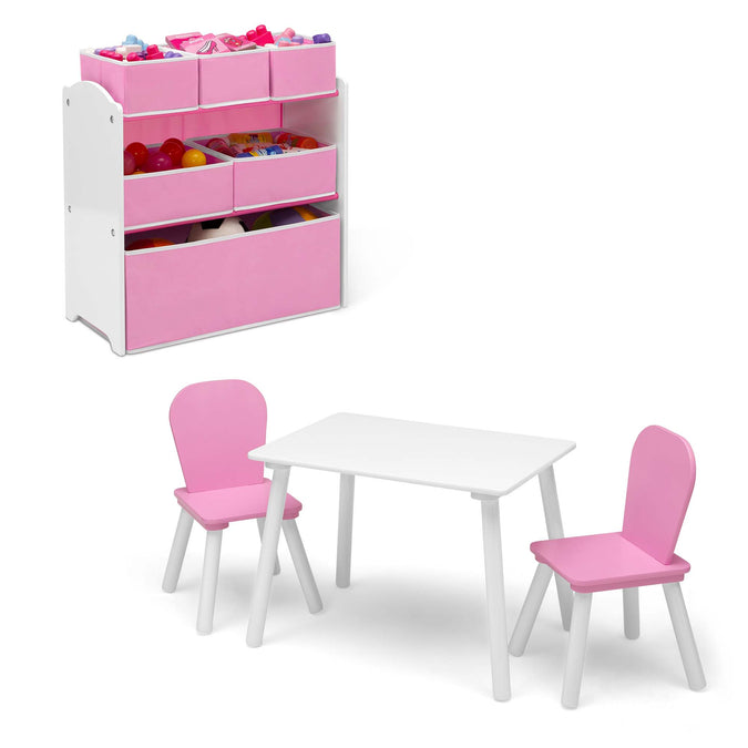 White and Light Pink (194) 2-4-Piece Toddler Playroom Set – Includes Play Table and 6 Bin Toy Organizer with Reusable Vinyl Cling Stickers